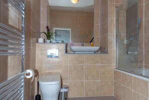 Hair dryer, towels, soap, toilet paper