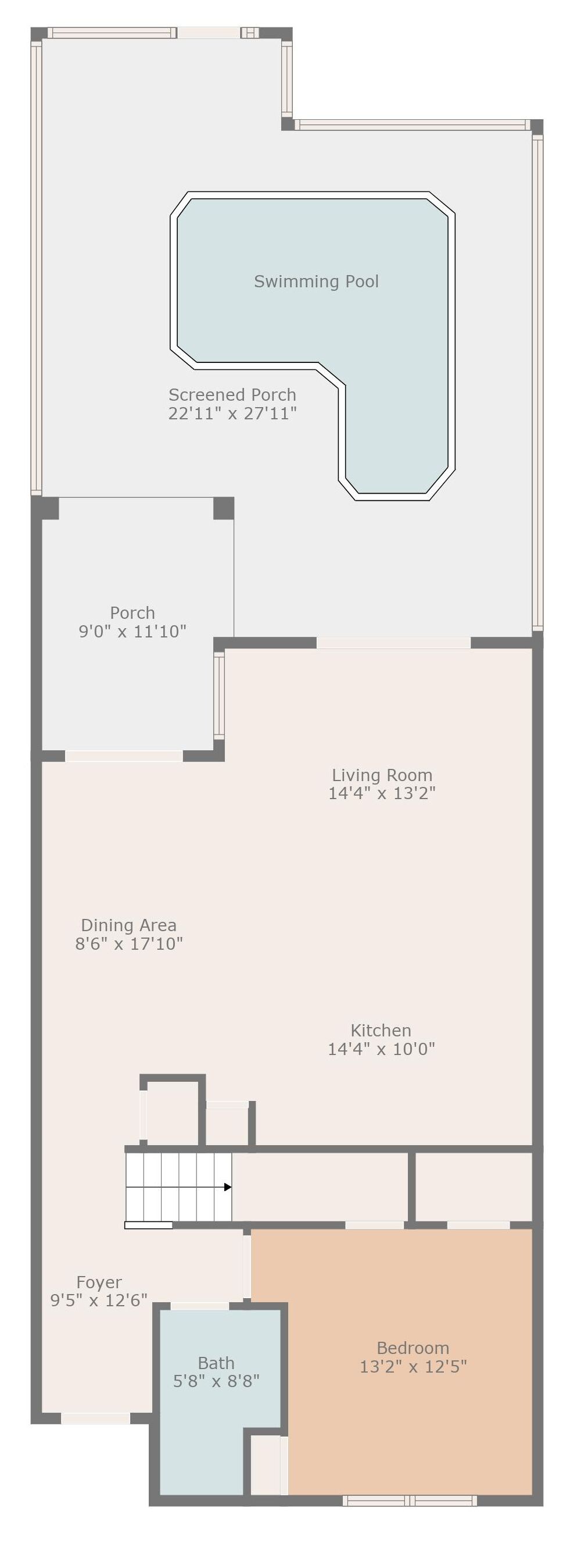 Ein Grundriss mit Schwimmbad, überdachter Veranda, Wohnzimmer, Essbereich, Küche, Eingangsbereich, Badezimmer und Schlafzimmer.
