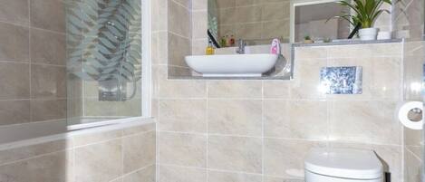 Hair dryer, towels, soap, toilet paper