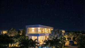 A modern two-story house with a swimming pool, surrounded by lush greenery and palm trees. - Vacation Villa, Oceanview and Hotel Amenities v1 (Providenciales)