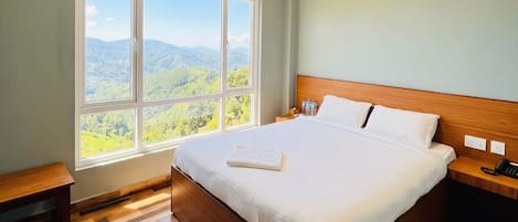 A hotel room with a large bed, wooden flooring, a nightstand, a bedside table, and a window with a mountain view.
