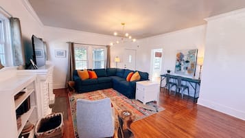 Smart TV, fireplace, books
