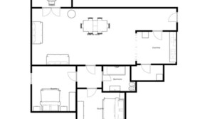 A floor plan with a dining area, kitchen, two bedrooms, and a bathroom. - PRAIA DA ROCHA – ATLÂNTICO III (Portimão)