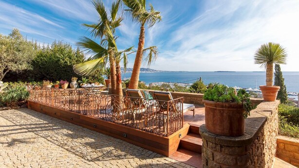 Eine Terrasse mit Meerblick, mit Palmen, Sitzgelegenheiten im Freien und einem Steg.