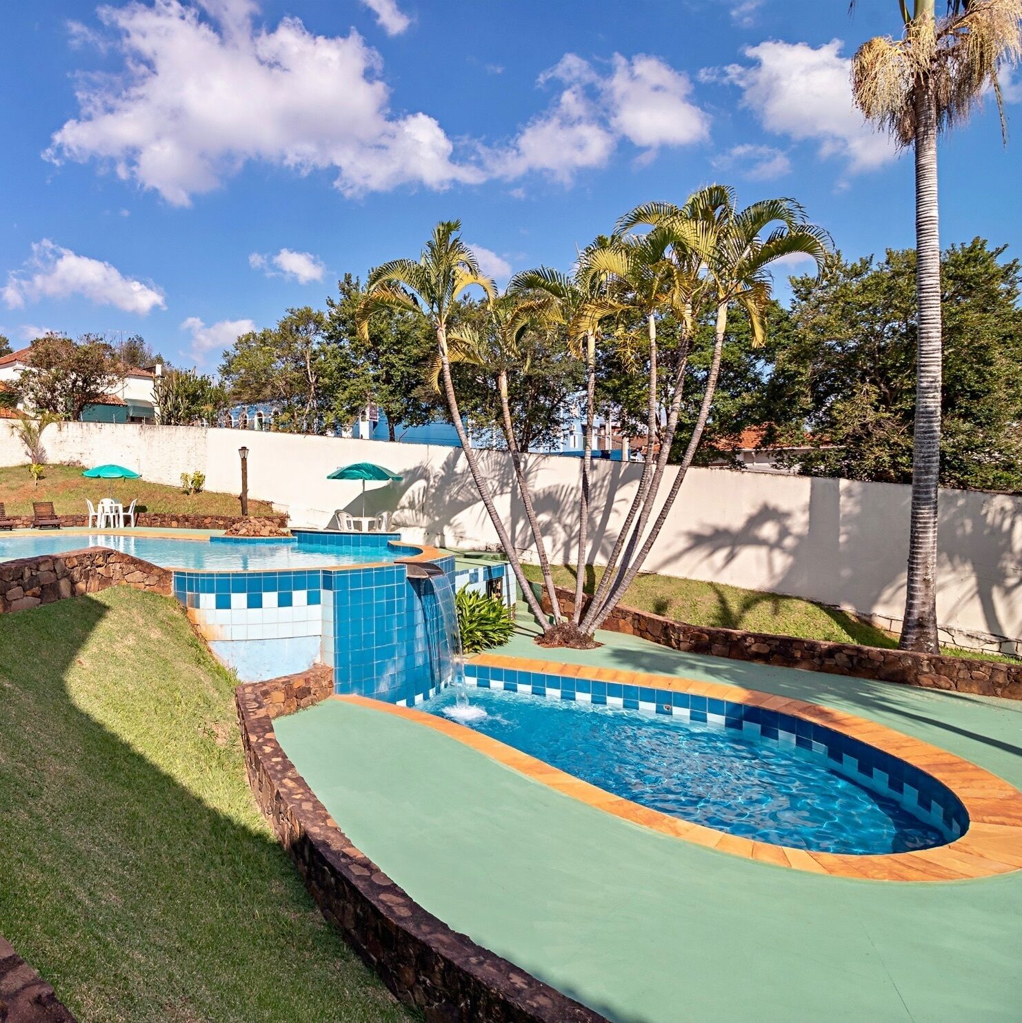 Ein Swimmingpool mit blau-grünem Fliesenmuster, umgeben von Palmen und einer weißen Mauer.