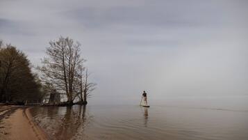 Una persona haciendo paddleboard en aguas tranquilas, con árboles a la izquierda y una orilla arenosa.