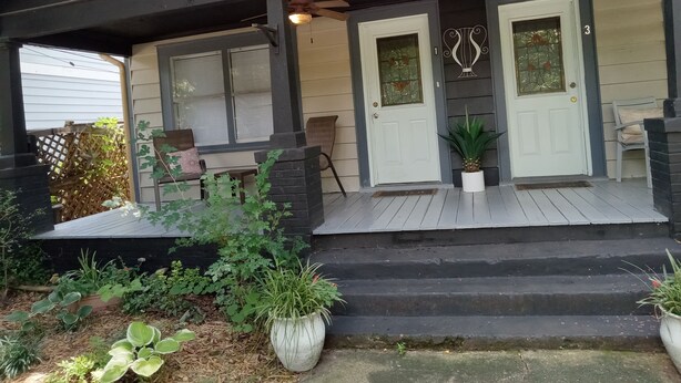A house with a porch, two doors, and a small garden with potted plants.
