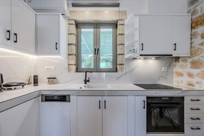 Fridge, oven, dishwasher, coffee/tea maker