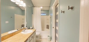 Hair dryer, towels, toilet paper