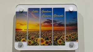 Un panneau décoratif mural composé de quatre parties, chacune représentant un coucher de soleil sur un champ de tournesols.