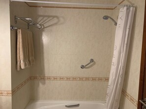 Hair dryer, towels, toilet paper