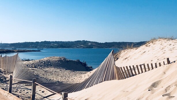 Una playa con dunas de arena y una valla de madera.