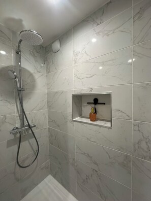 Douche, séchoir à cheveux, serviettes fournies, savon