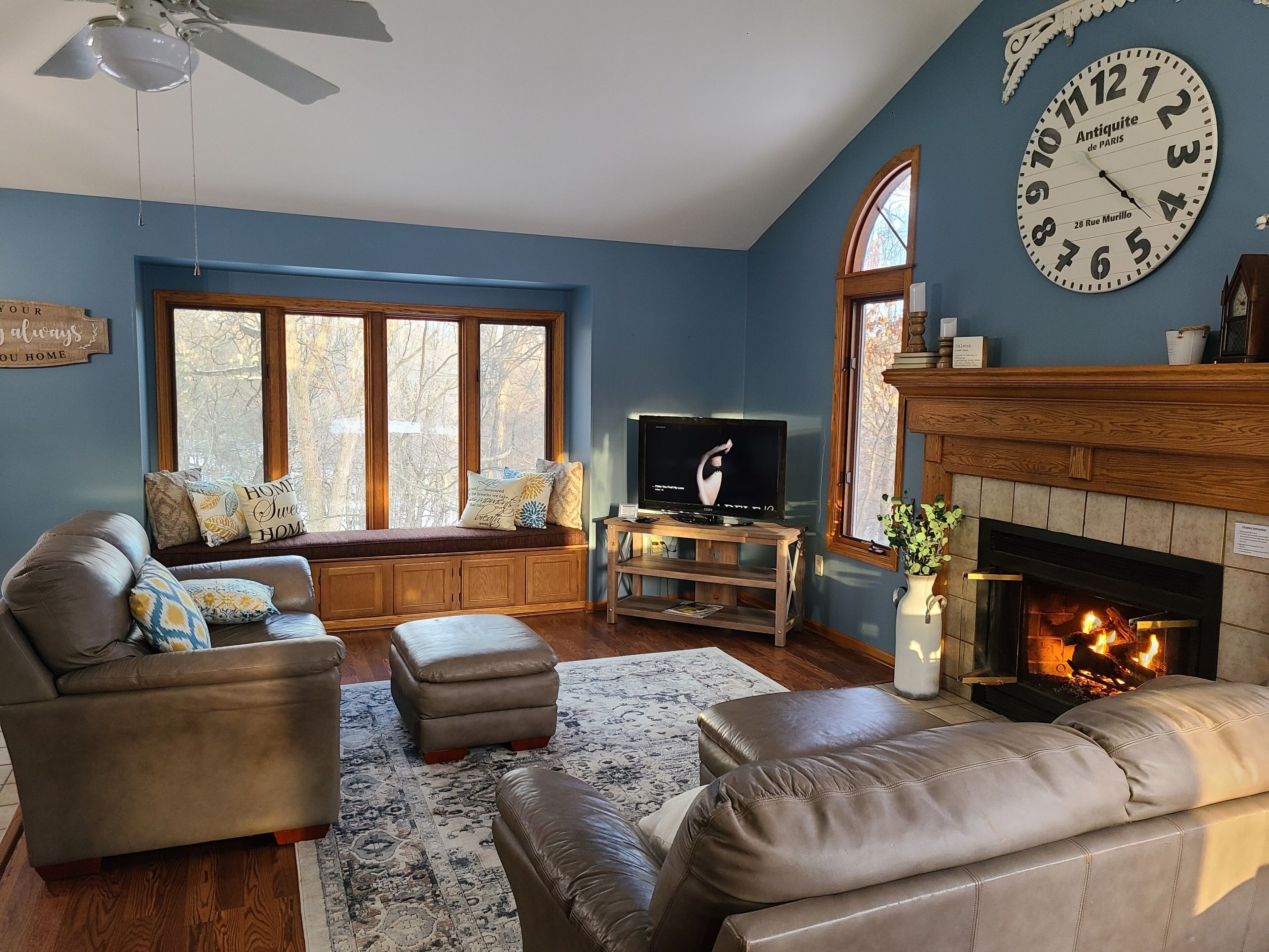 Smart TV, fireplace, DVD player, ping pong