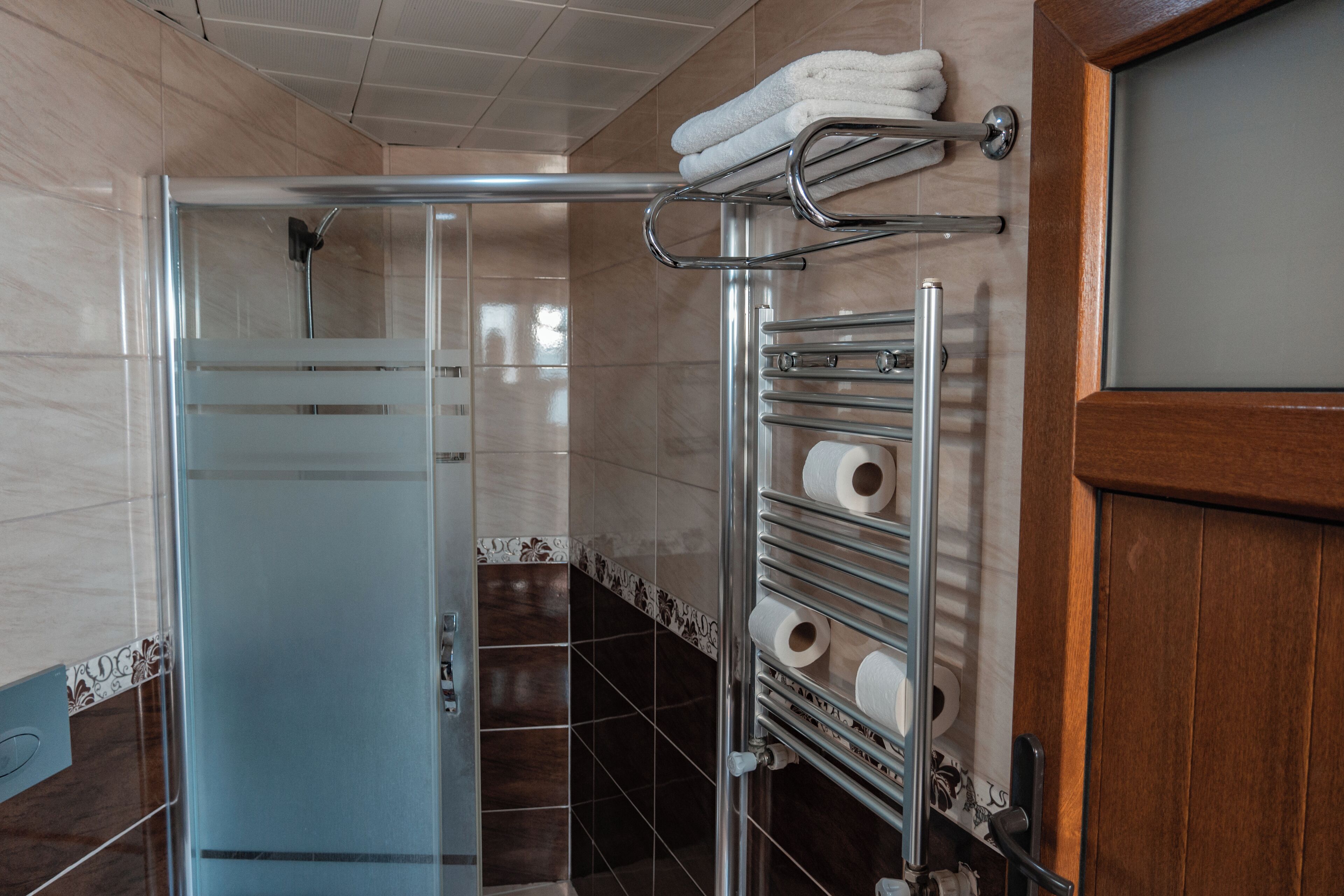 A bathroom with a glass shower enclosure, a towel rack with towels, and a toilet paper holder.