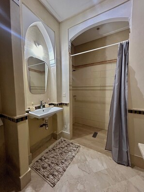 A bathroom with a sink, mirror, shower, and a patterned rug. - Fabulous Family Villa in Marrakesh (Marrakech)