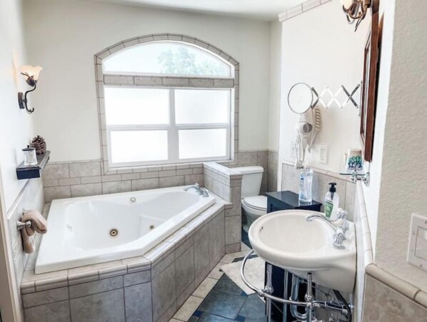 Hair dryer, towels, soap, shampoo