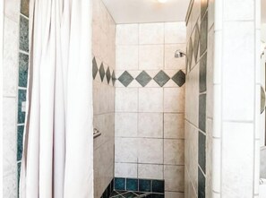 Hair dryer, towels, soap, shampoo