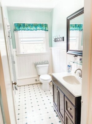 Hair dryer, towels, soap, toilet paper