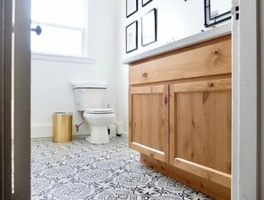 Hair dryer, towels, soap, toilet paper