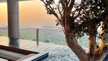 An infinity pool with a tree in the center, surrounded by pebbles and a view of the cityscape at sunset.