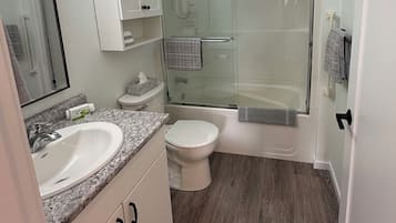 Hair dryer, towels, soap, toilet paper