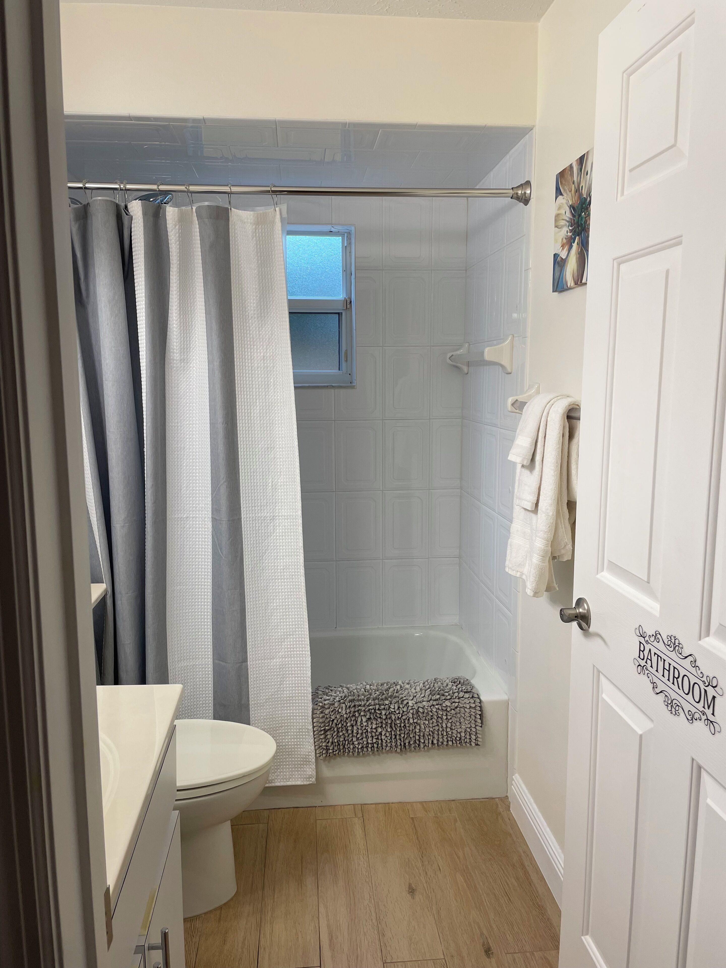 Hair dryer, towels, soap, shampoo