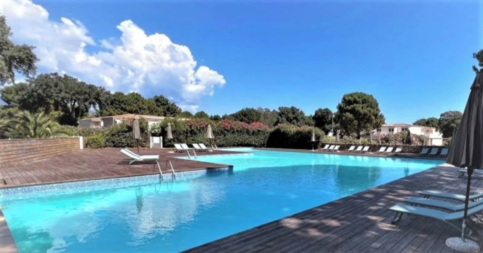 En swimmingpool med solstolar och parasoller, omgiven av träd och byggnader.