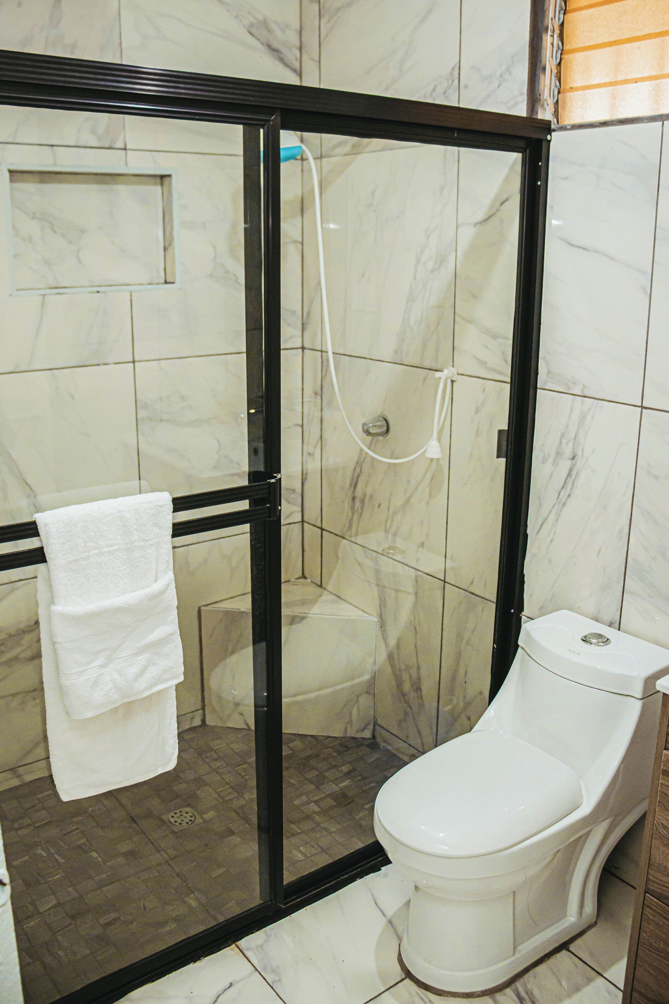 A bathroom with a glass-enclosed shower, a white toilet, and a towel hanging on the wall.