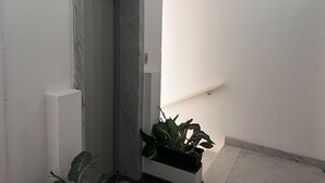 A hallway with a marble door, a potted plant, and a light switch on the wall. - Valletta Majestic Grand Harbour View 3-Bedroom by Malta Weekend (Valletta)