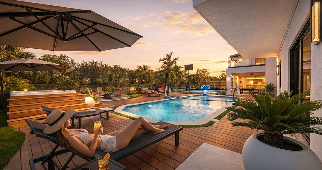 The pool is a spacious and inviting feature of the backyard, designed for both relaxation and fun. It includes a volleyball net stretched across the middle, perfect for  games right in the water, see the amazing seats to relax while receiving the air