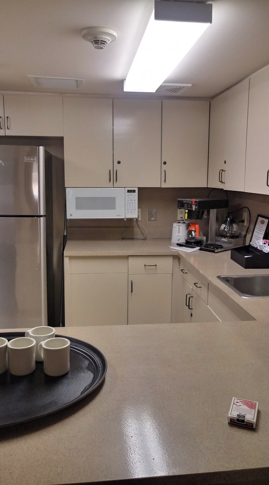 Fridge, microwave, coffee/tea maker, toaster