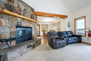 Smart TV, fireplace, books