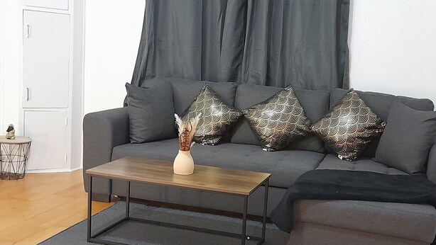 A grey sofa with patterned pillows, a wooden coffee table, and a vase with dried plants. - Sweet Home Appartement 2 chambres séparées, 3 lits proche du centre ville (Cholet)