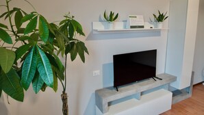 Ein modernes Wohnzimmer mit einem Flachbildfernseher in einer eingebauten Vitrine, umgeben von Blumentöpfen.