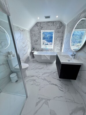 Shower, hair dryer, towels, soap