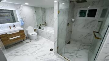 Shower, hair dryer, towels, toilet paper