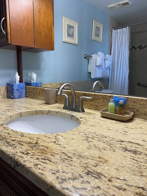 Shower, hair dryer, towels, soap