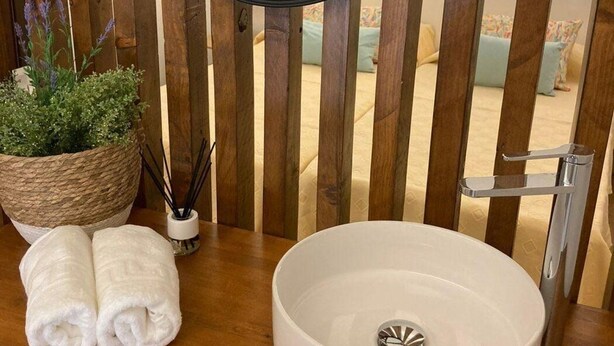Ein Badezimmer mit einem Holzkosmetikschrank, einem runden weißen Waschbecken, einem Spiegel, einer Topfpflanze und einem Paar Handtüchern.