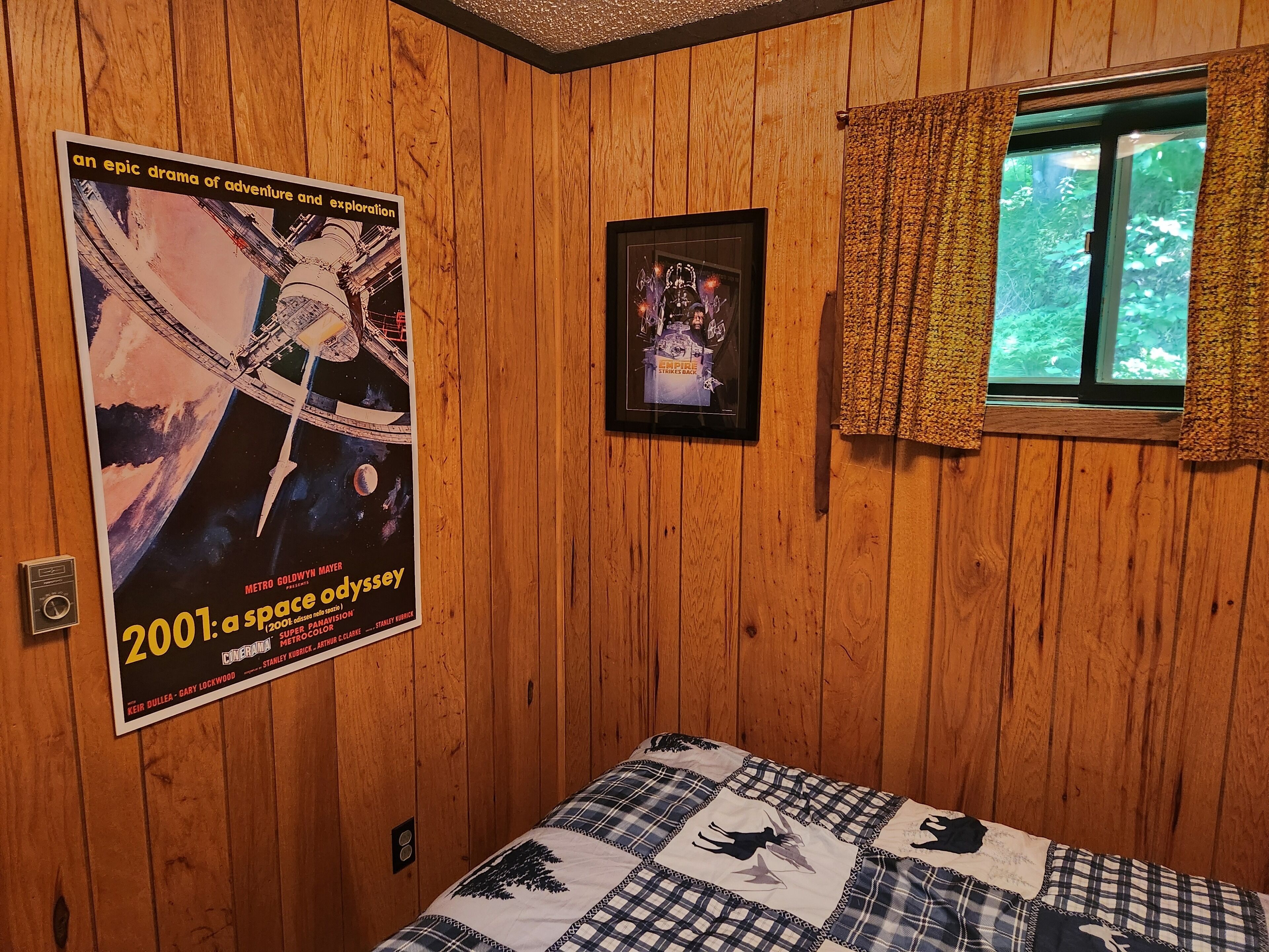 A room with wooden paneling, a poster of '2001: A Space Odyssey', a framed picture, and a window with curtains.