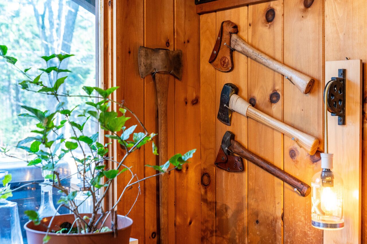 A wooden door with a window, a potted plant, and a wall-mounted axe.