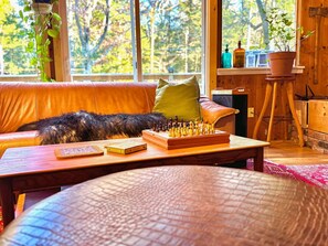 Smart TV, fireplace, DVD player, books