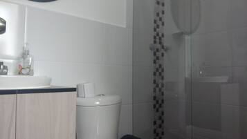 Hair dryer, towels, soap, toilet paper