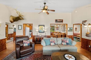 Smart TV, fireplace, books, stereo