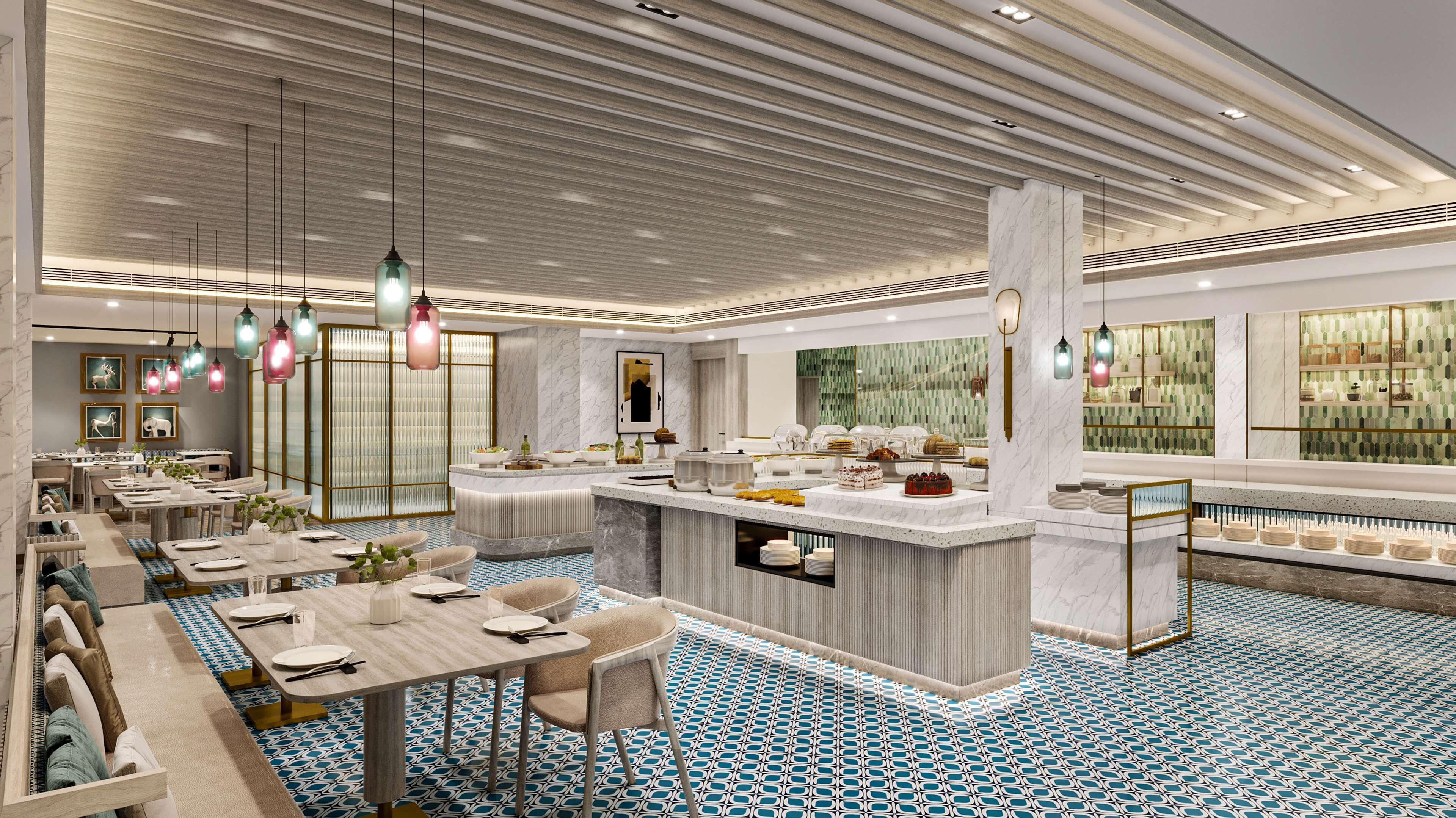 Een moderne hotellobby met een centrale bar, zitgedeeltes en decoratieve verlichting.
