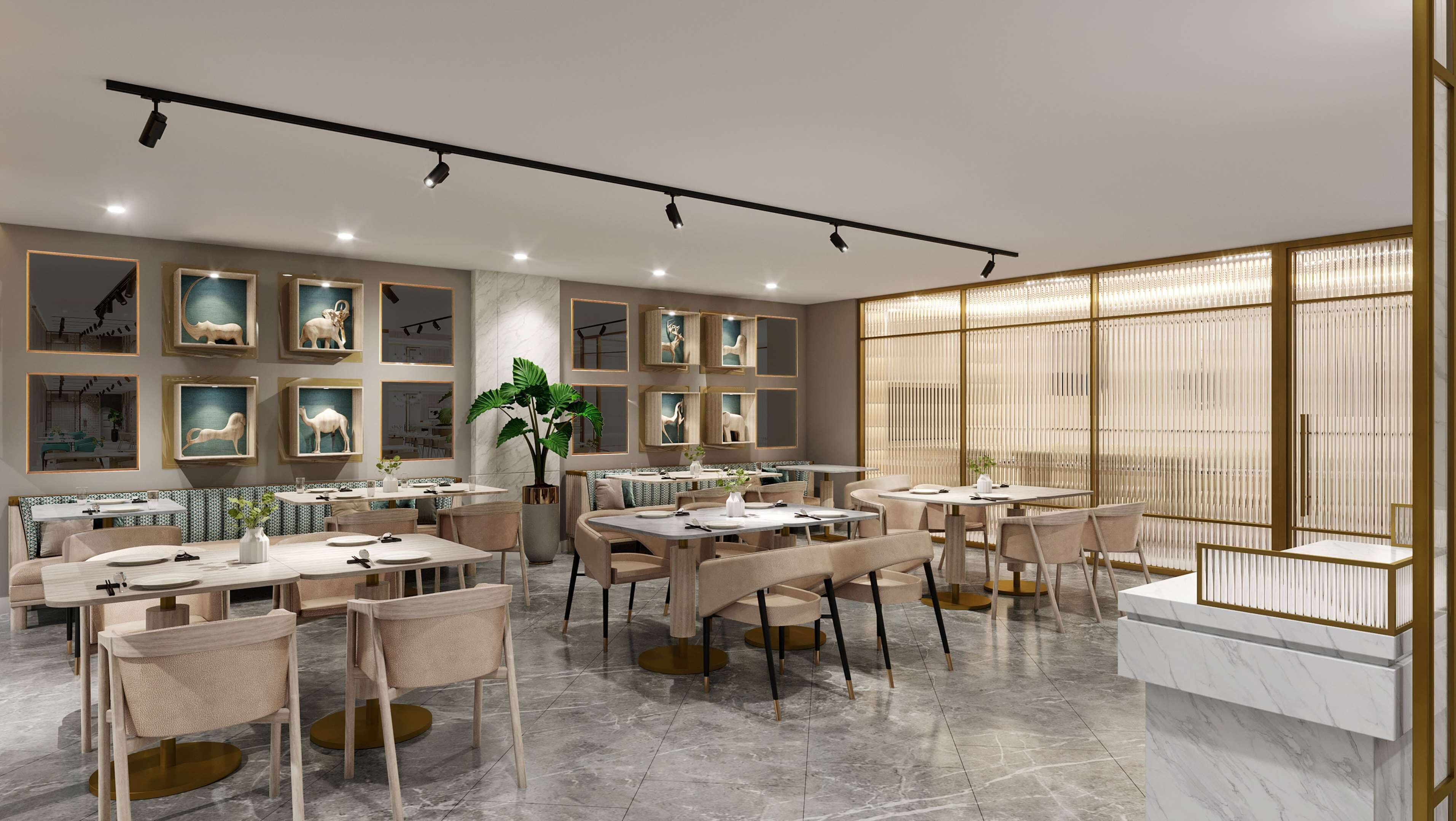 Un restaurant moderne doté de plusieurs espaces de restauration, d’un sol en marbre et d’œuvres d’art encadrées qui ornent les murs.