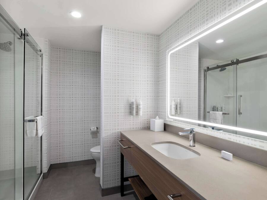 A modern bathroom with a glass shower enclosure, a large mirror, and a vanity with a sink.