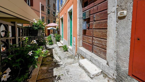 A narrow alleyway with buildings on either side, stone steps, and a small garden area with flowers. - Snug and Stylish Downtown Rovinj Apartment - One Bedroom Apartment with Balcony (Rovinj)