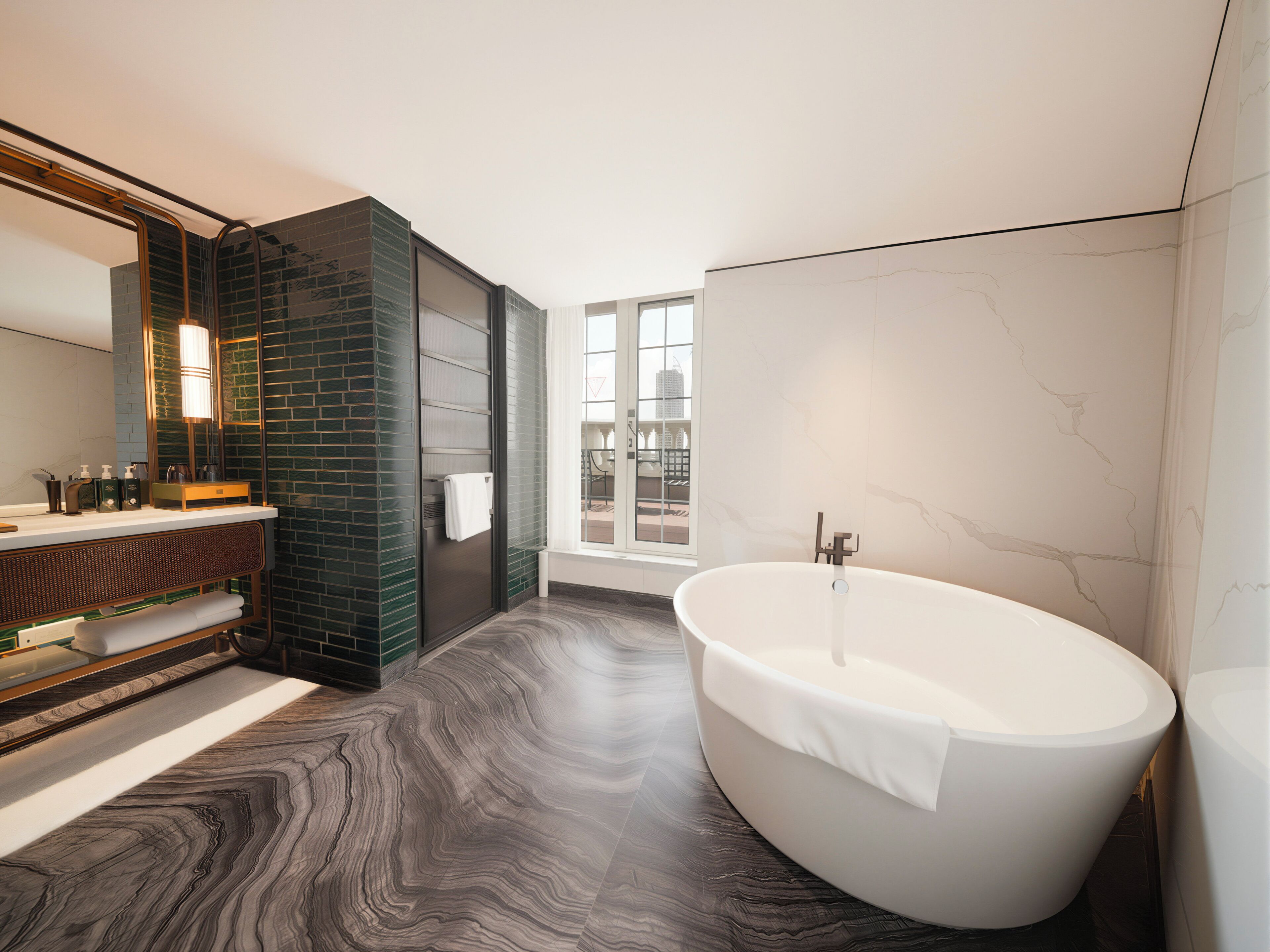 A modern bathroom with a freestanding bathtub, a large mirror, and a view of the city through a window.
