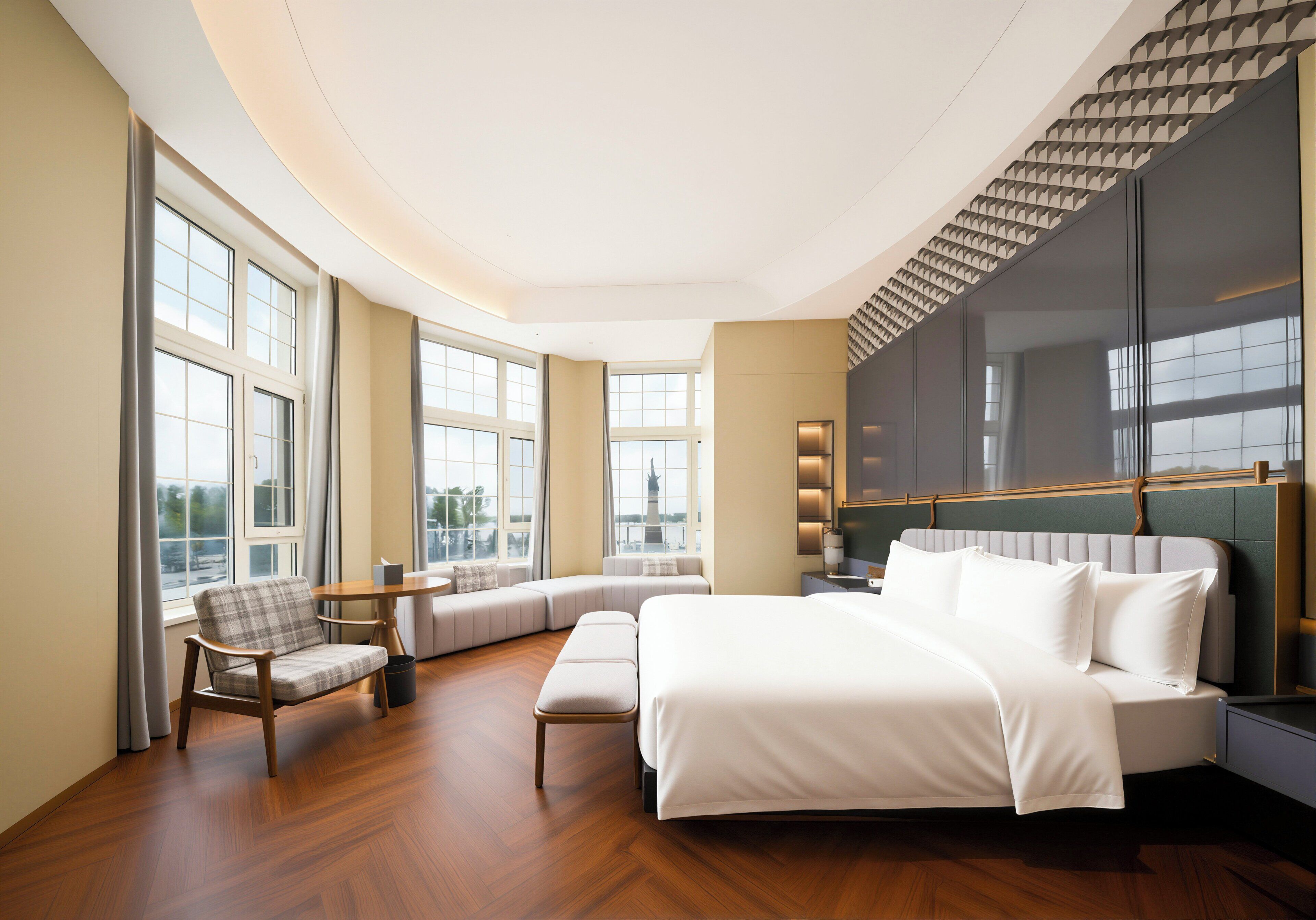 Habitación de hotel con una cama grande, zona de estar y vistas a la ciudad.